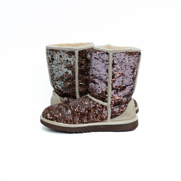 UGG Classic Short Copper/Silver Sparkle Boots Womens 7 Genuine Sheepskin Lining - Picture 6 of 14